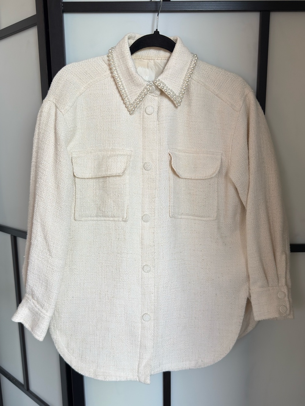 Pearl-Trim Cream Button-Up Jacket